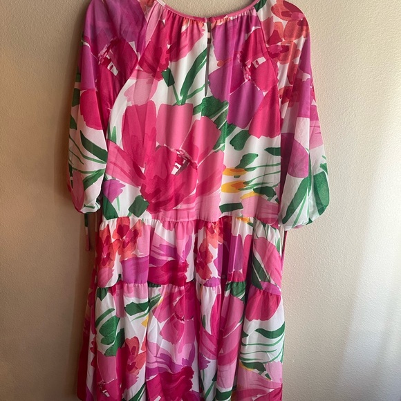 Bright Pink Floral Tiered Casual Dress with Green Accents - Women's - Picture 9 of 9